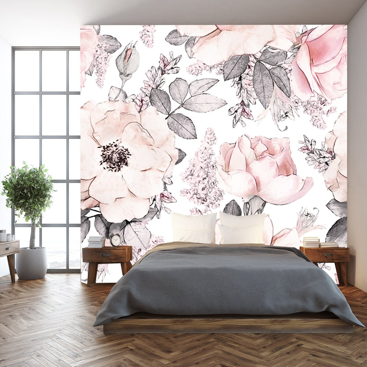 Pink Flowers and Leaves on White Background, Watercolor Floral Pattern Wallpaper Bedroom Mural