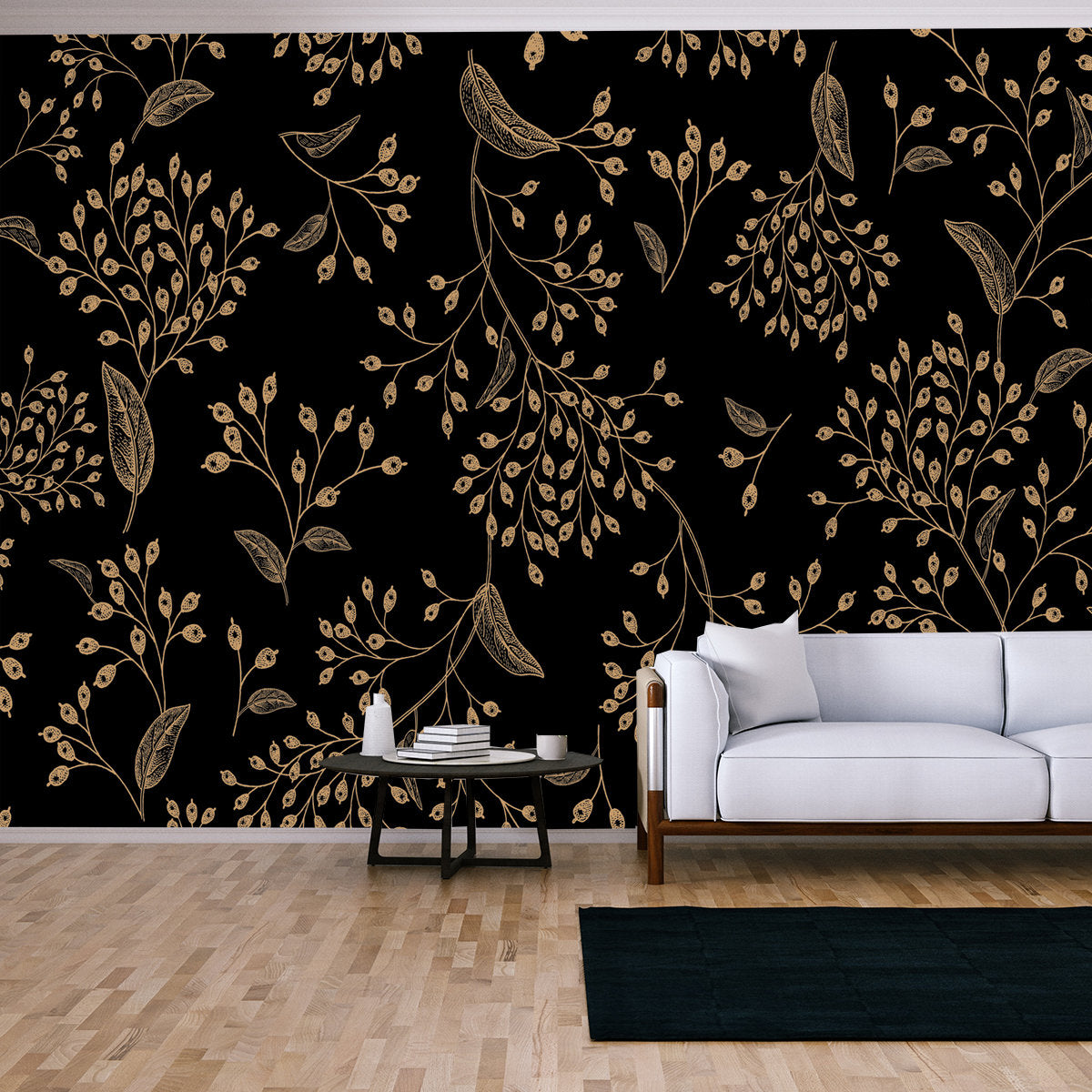 Floral Vintage Seamless Pattern. Black and Gold. Oriental Style Wallpaper Living Room Mural