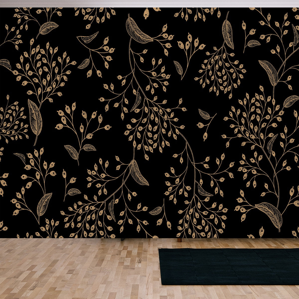 Floral Vintage Seamless Pattern. Black and Gold. Oriental Style Wallpaper Living Room Mural