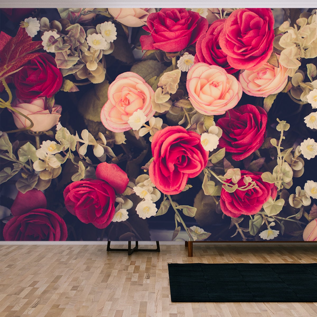 Rose Vintage Flowers on a Black Background Wallpaper Living Room Mural