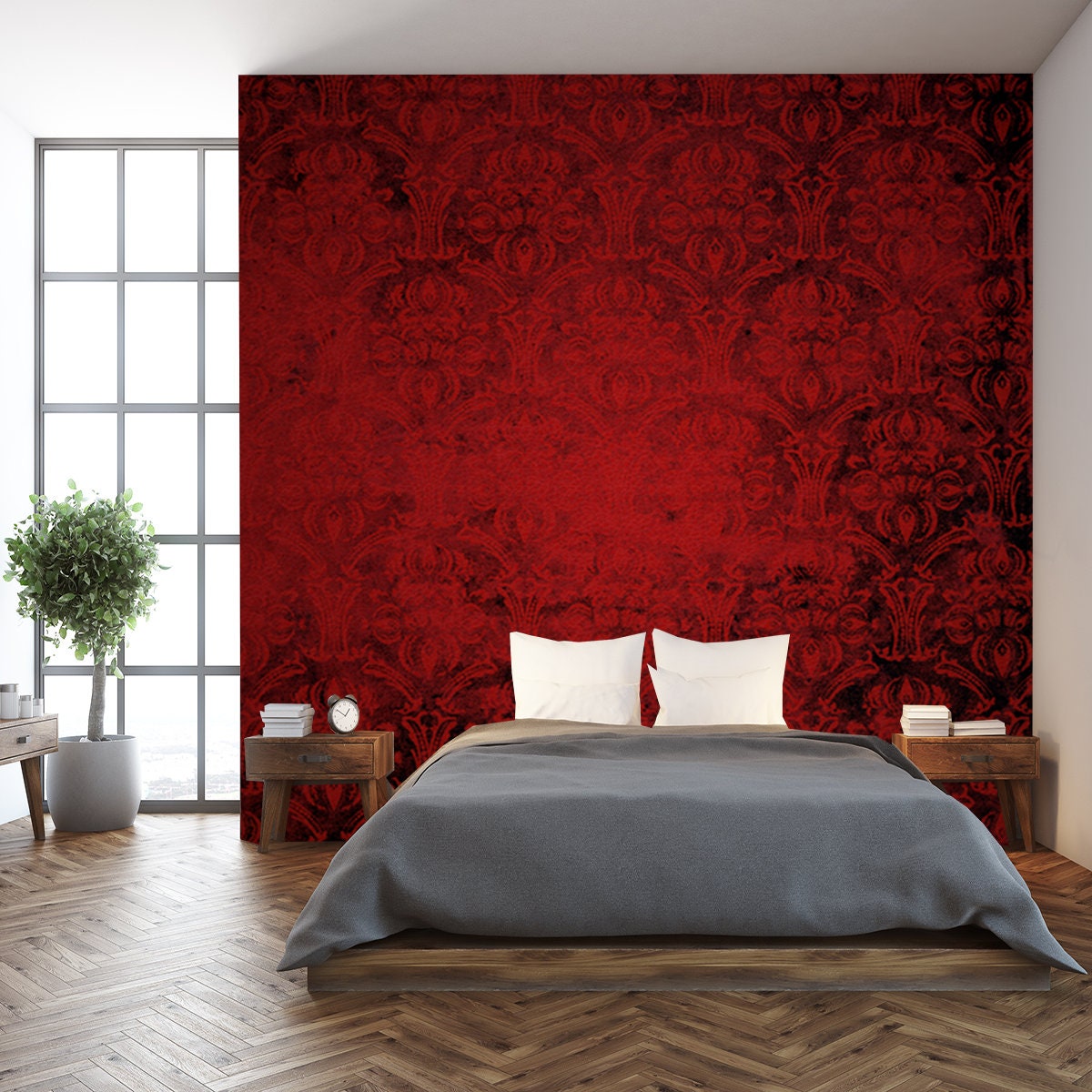 Red Grunge Seamless Ornamental Wallpaper, Floral Pattern Wallpaper Bedroom Mural