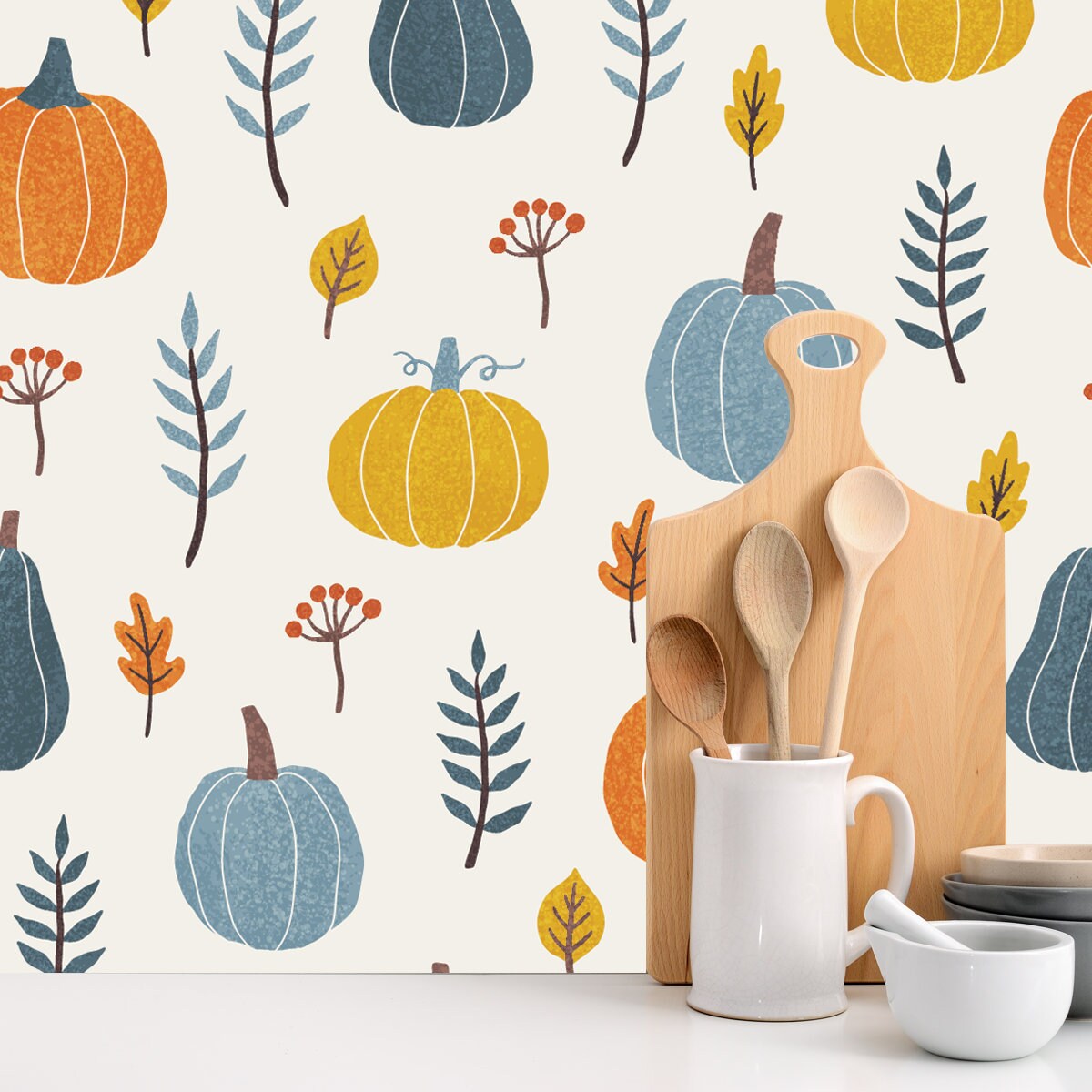 Colorful Pumpkins, Leafs and Branches. Seasonal Autumn Seamless Pattern Wallpaper Kitchen Mural