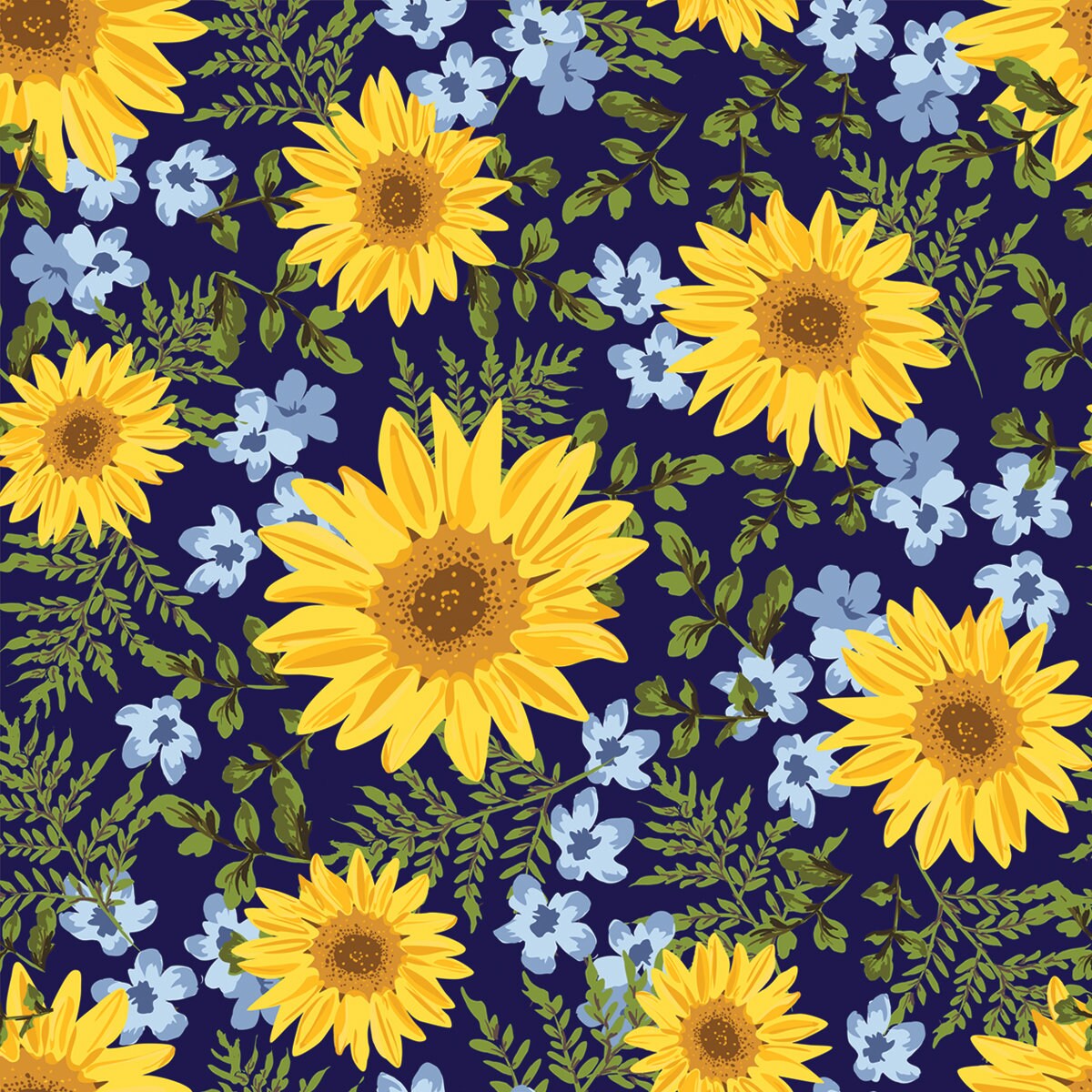 Seamless Pattern with Sunflowers on Navy Background. Ditsy Decorative Floral Design and Foliage Wallpaper Kitchen Mural