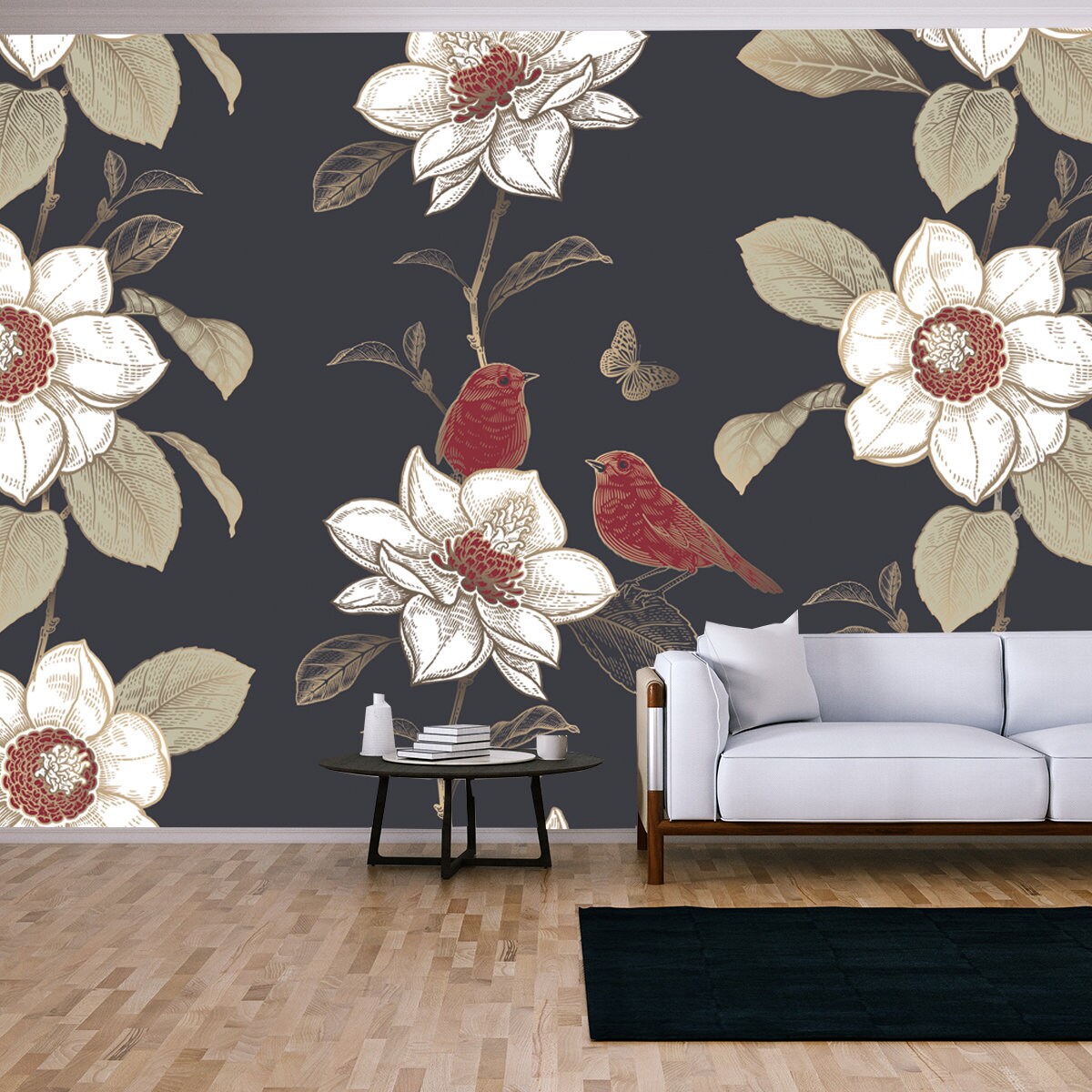 Blooming Magnolia Tree and Cute Birds. White Flowers, Gold Leaves, Red Birds on Black Background Wallpaper Living Room Mural