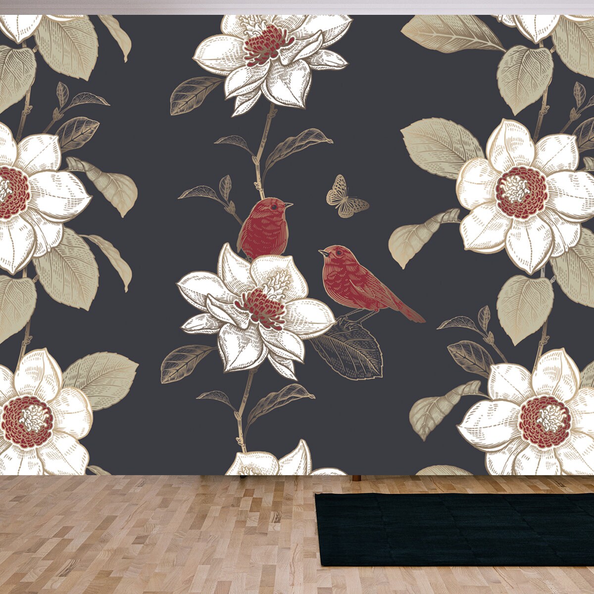 Blooming Magnolia Tree and Cute Birds. White Flowers, Gold Leaves, Red Birds on Black Background Wallpaper Living Room Mural