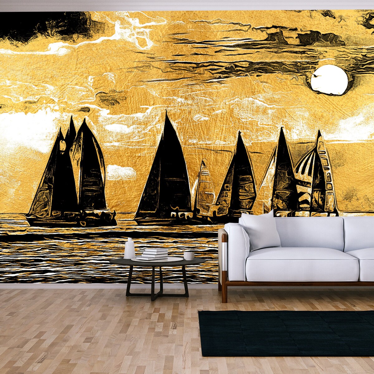 Modern Painting of Golden Sunset Seascape Wallpaper Living Room Mural