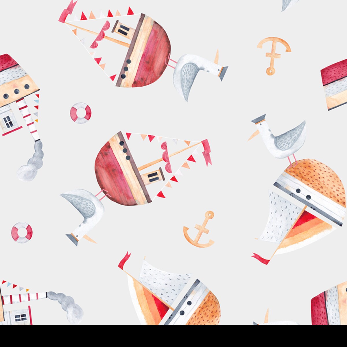 Watercolor Seamless Pattern with Ships, Anchors and Seagulls Wallpaper Boy Nursery Mural