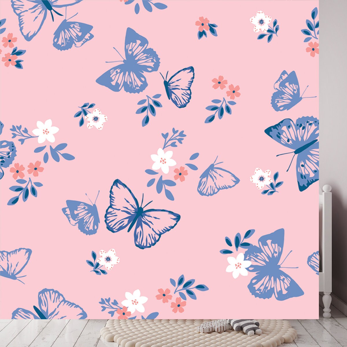 Blue Butterflies with Flowers on Pink Background Wallpaper Girl Bedroom Mural
