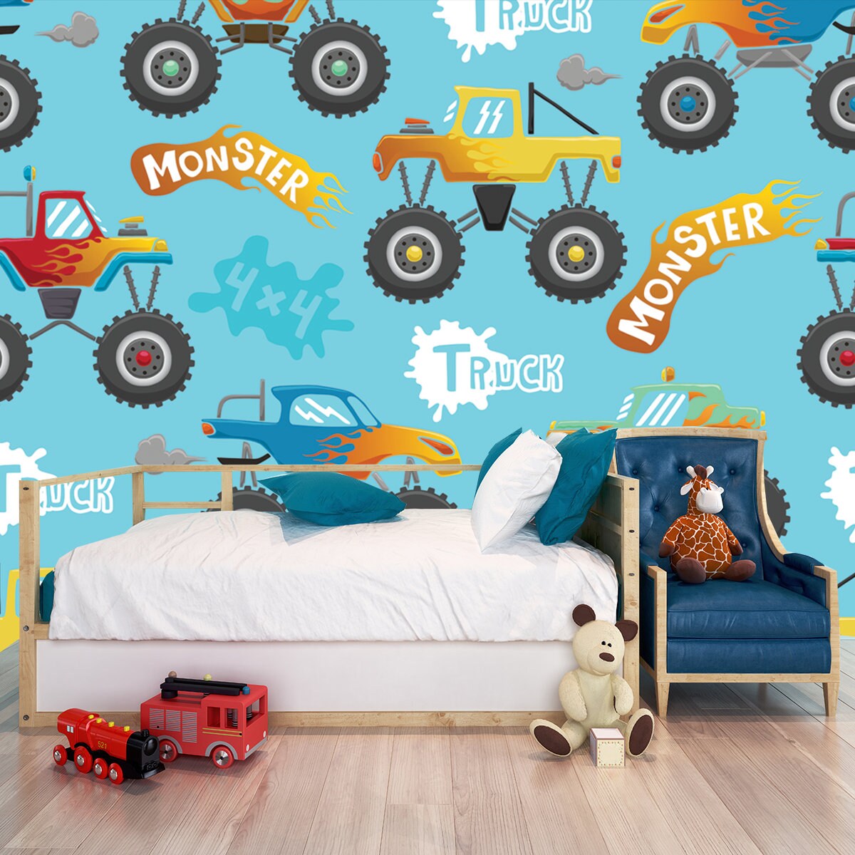 Pattern of Monster Truck Cartoon Wallpaper Boy Bedroom Mural
