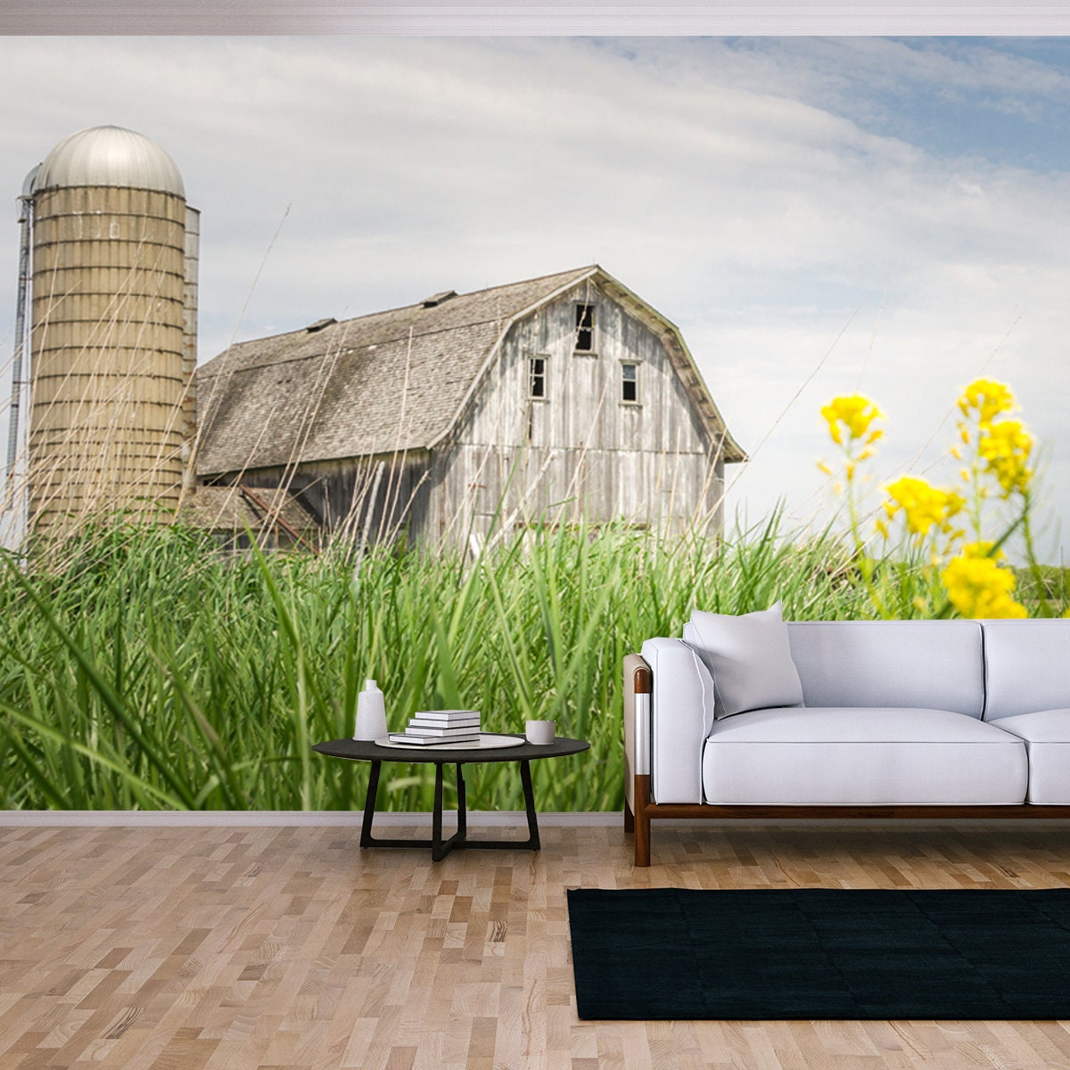 Beautiful Field Photo with Rustic Barn Resting in a Field of Grass Wallpaper Living Room Mural