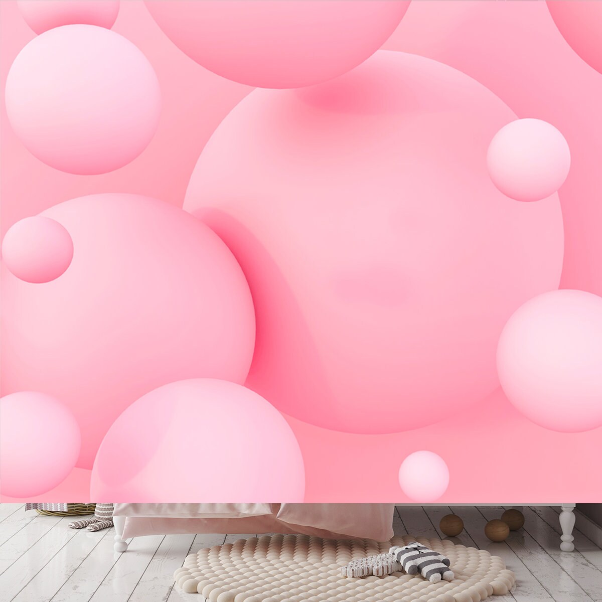 Abstract Colorful Balls. Pink Candies Fly in Zero Gravity. Chaotic Scatter Confetti Spheres Wallpaper Girl Bedroom Mural