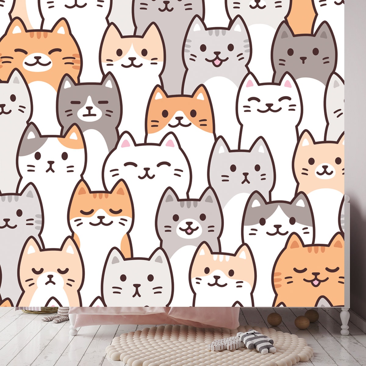 Cute Cartoon Doodle Cats Pattern. Kawaii Crowd of Cat Faces Wallpaper Girl Bedroom Mural