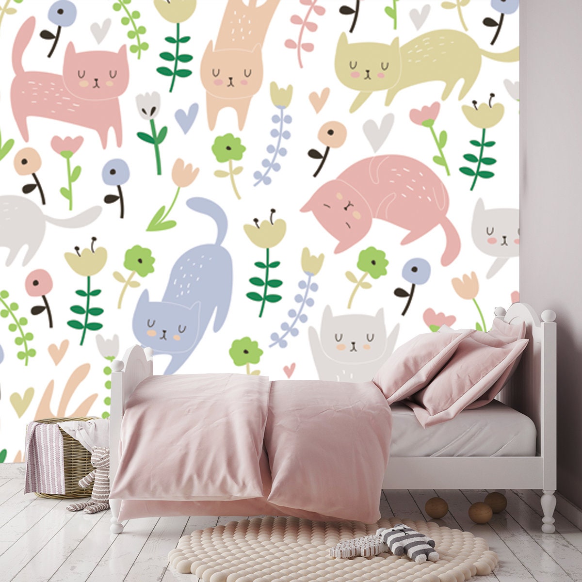 Cute Seamless Background with Funny Cats and Flowers in Cartoon Style Wallpaper Girl Bedroom Mural