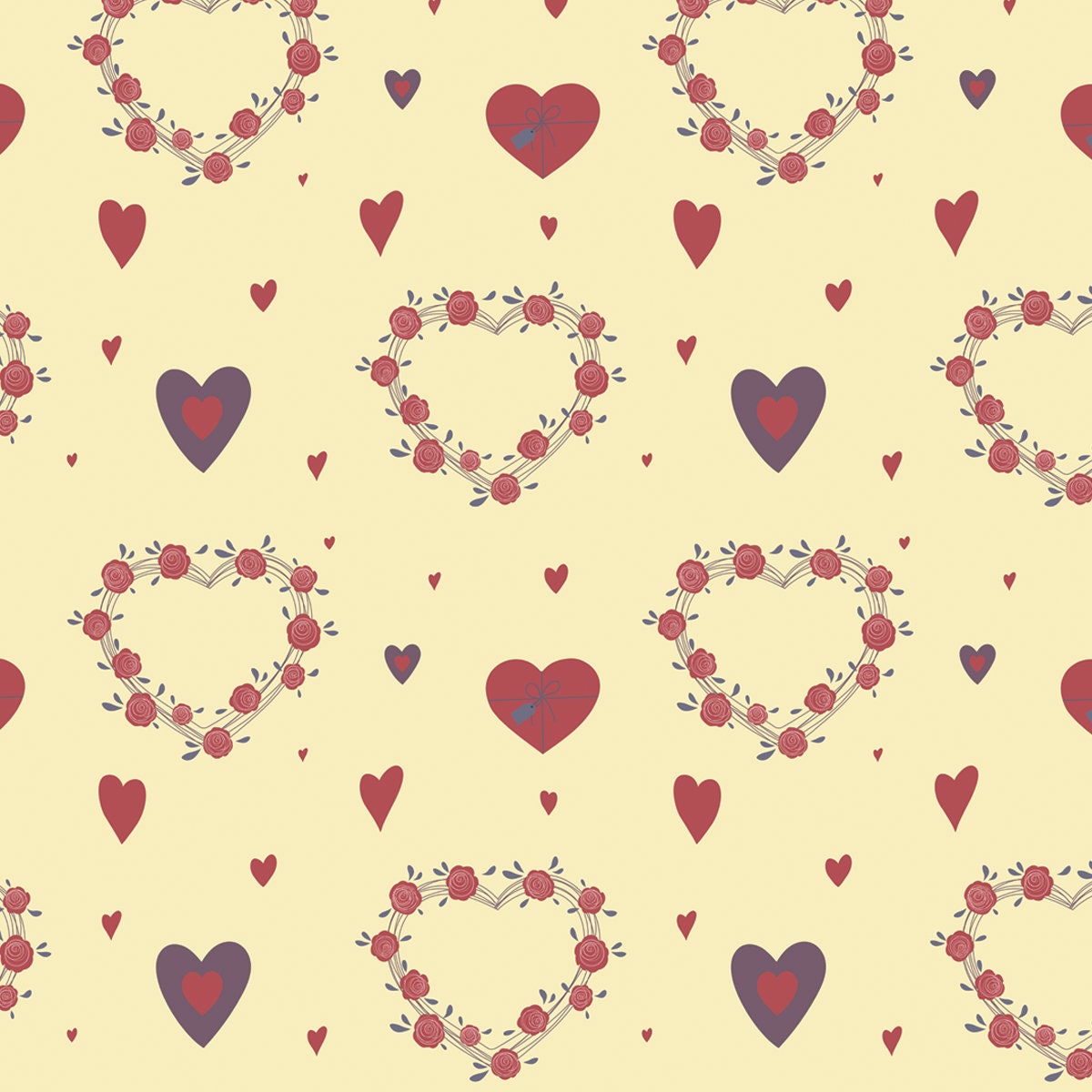 Red and Purple Hearts with Flowers on Beige Background Wallpaper Kitchen Mural