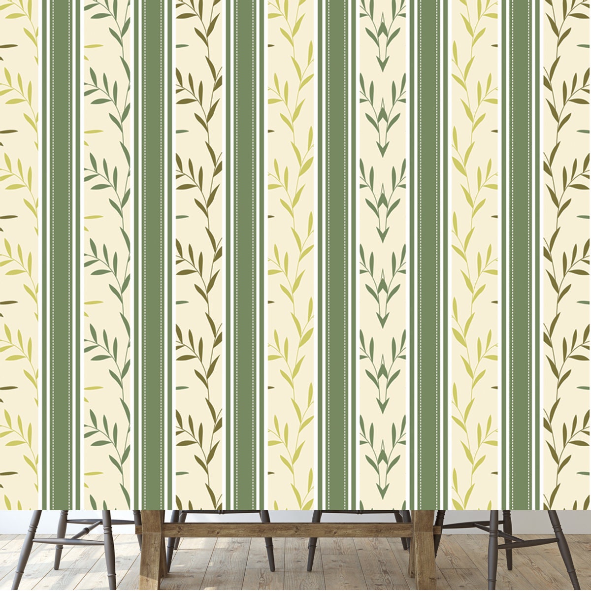 Green and Beige Palling Flex Wallpaper, Paneling Wallpaper Dining Room Mural