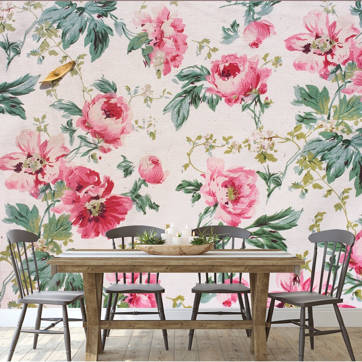 Fragment of Colorful Retro Tapestry Textile Pattern with Floral Ornament Wallpaper Dining Room Mural