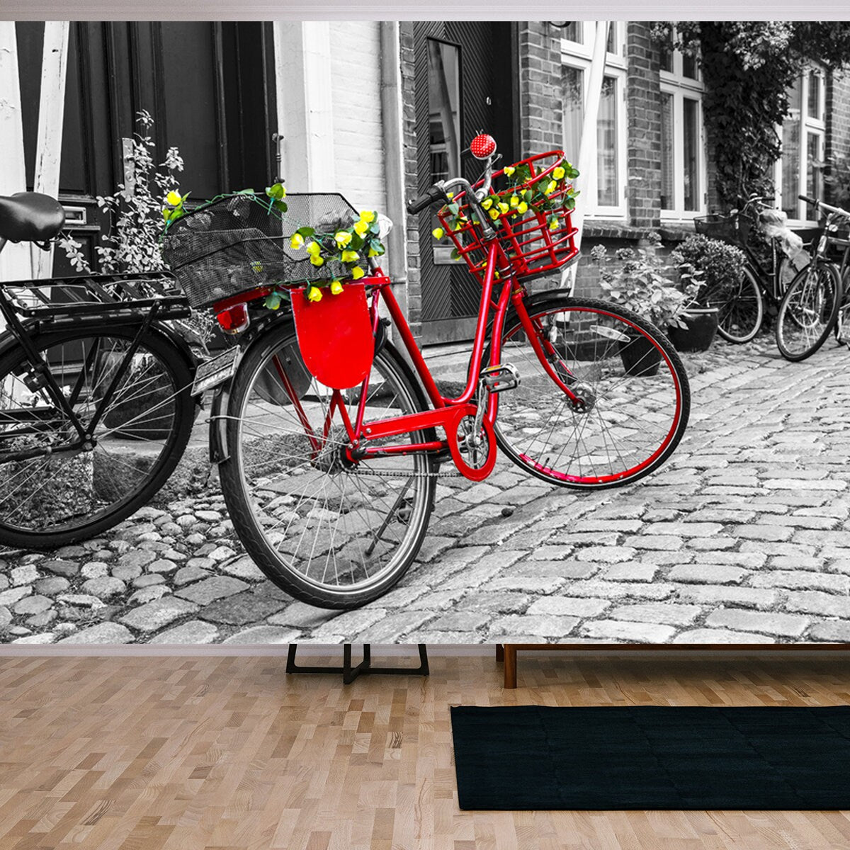Retro Vintage Red Bicycle on Cobblestone Street in the Old Town. Black And White Toned Wallpaper Living Room Mural