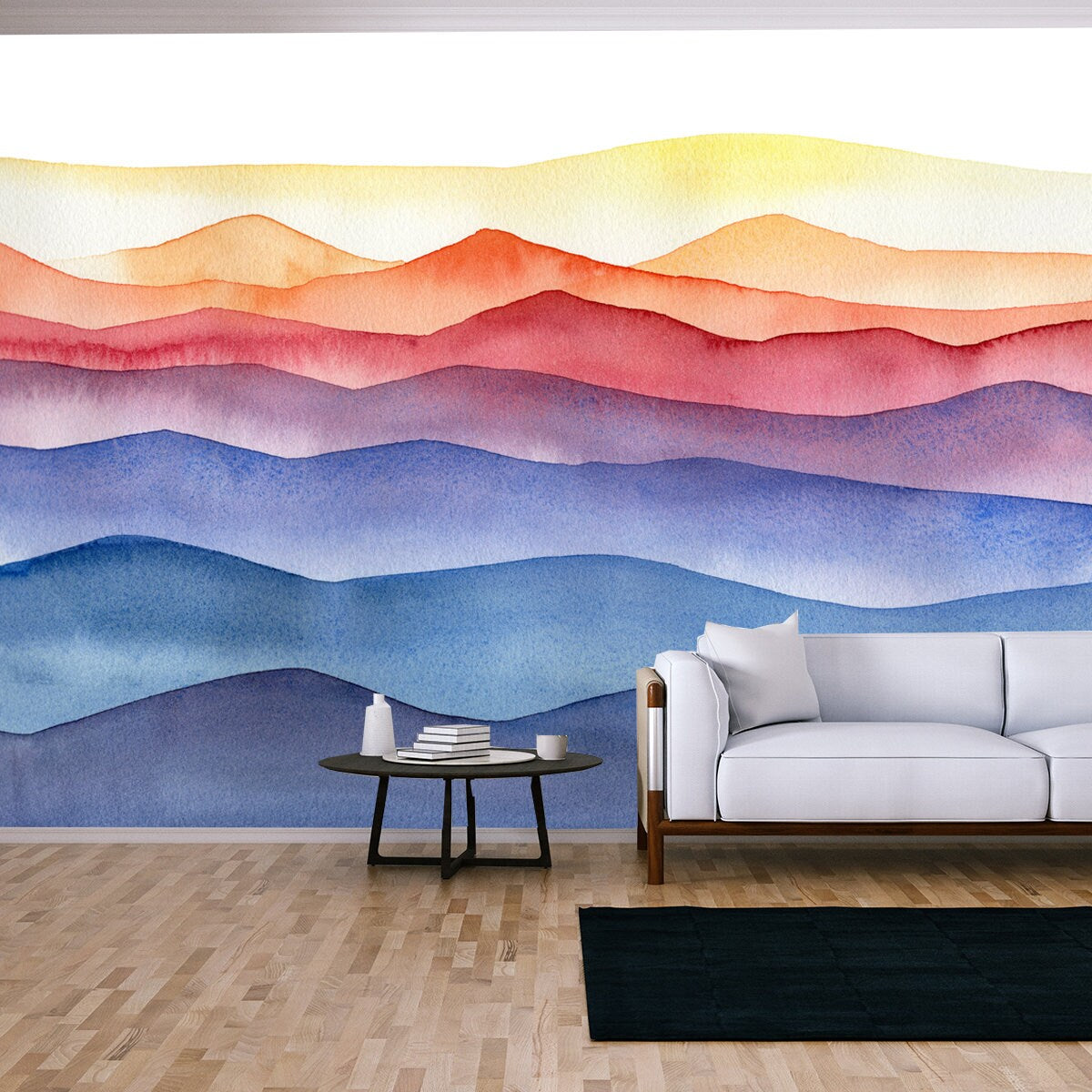 Abstract Watercolor Colorful Illustration of Mountain Hills on White Background Wallpaper Living Room Mural