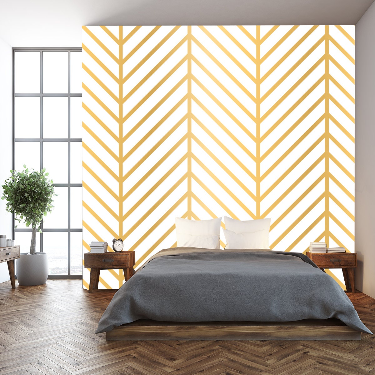 Golden Tiles Seamless Chevron Pattern. Fishbone Yellow Parque Wallpaper Bedroom Mural