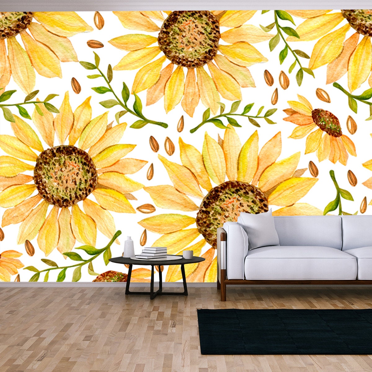 Seamless Watercolor Pattern with Sunflowers and Twigs on a White Background Wallpaper Living Room Mural