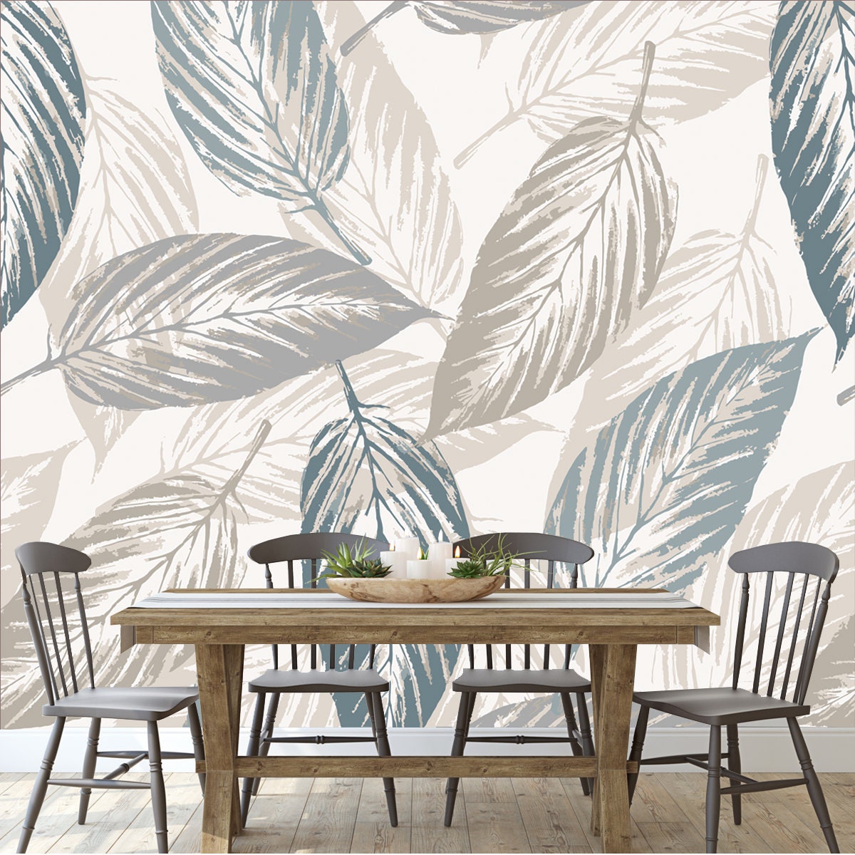 Abstract Seamless Pattern with Leaves. Trendy Farmhouse Vintage Leaves Textures on White Background Wallpaper Dining Room Mural