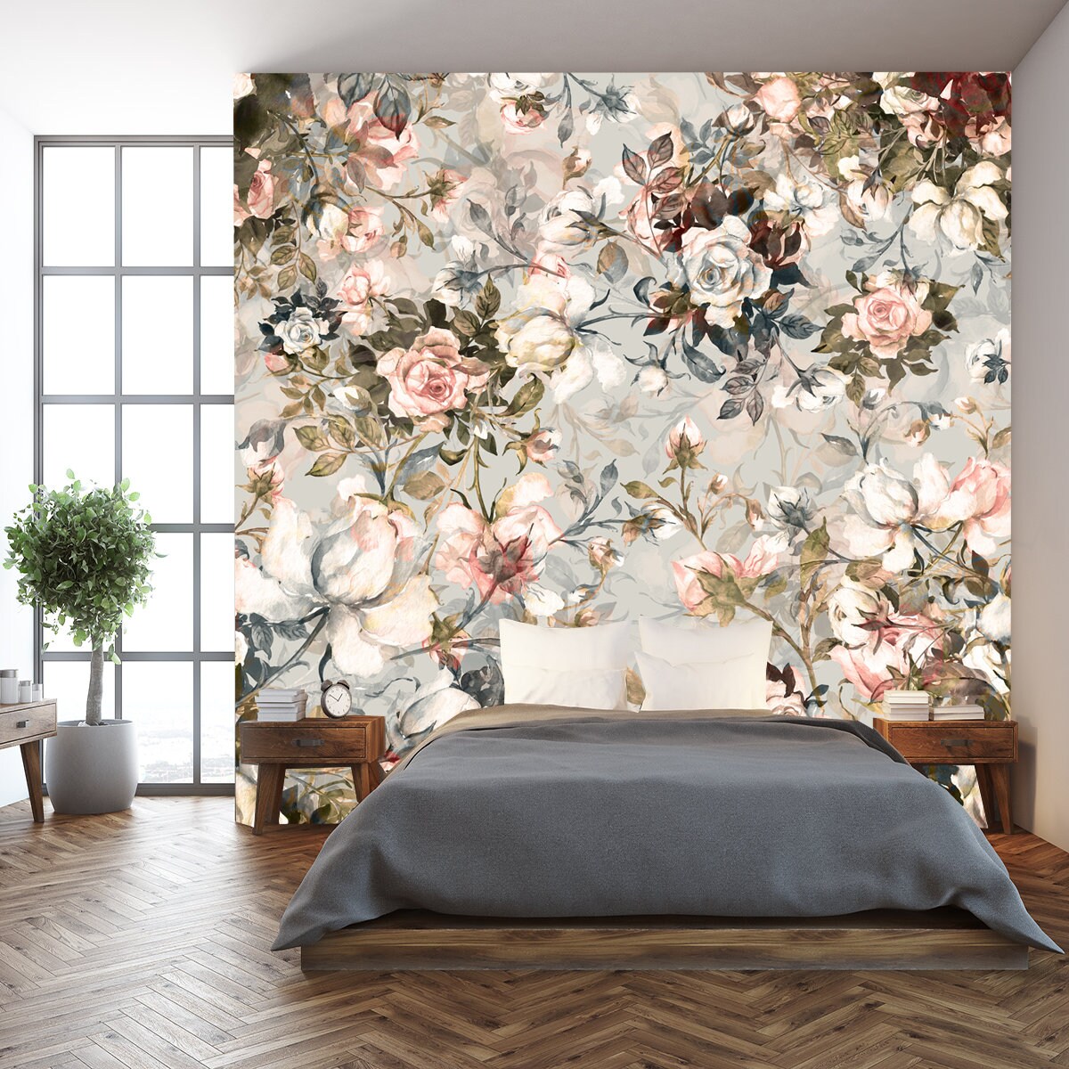 Watercolor Seamless Pattern Bouquet of Roses in Bud Wallpaper Bedroom Mural