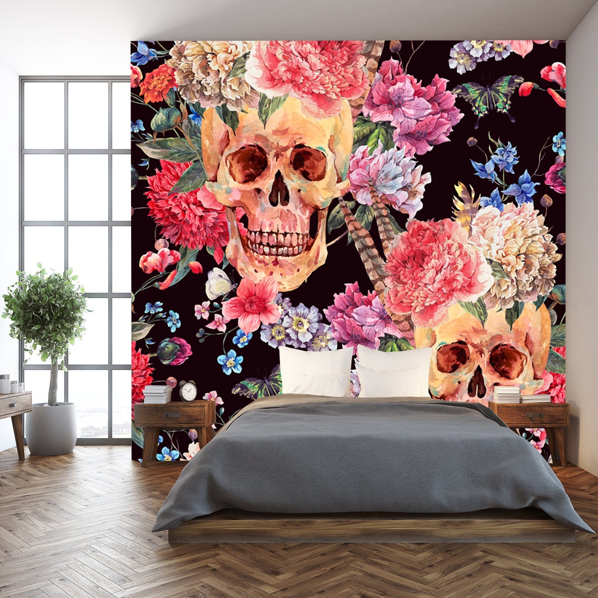 Watercolor Seamless Pattern with Skull and Pink Peony, Wildflowers Bouquet, Butterfly Wallpaper Bedroom Mural