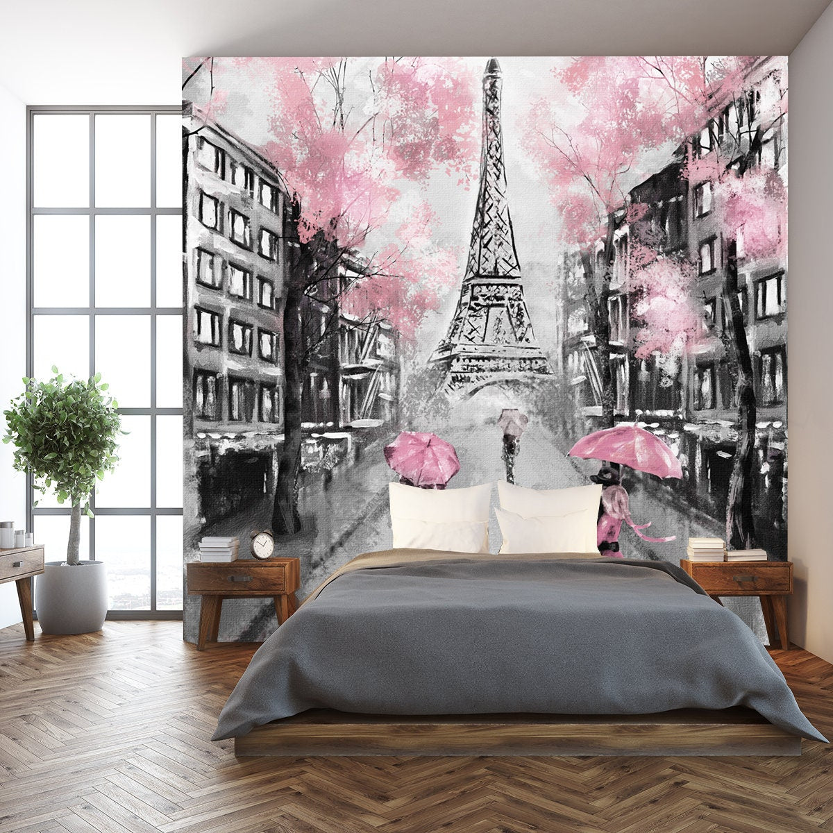 Oil Painting, Paris, European City Landscape, Eiffel Tower, Black, White and Pink Wallpaper Bedroom Mural