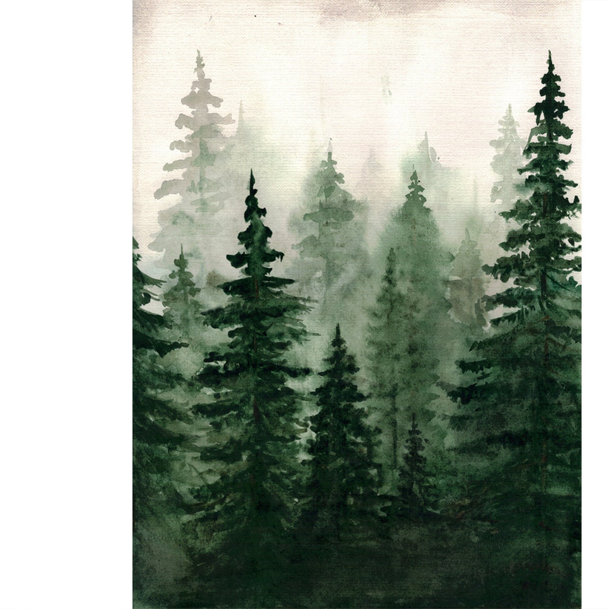 Watercolor Drawing. Spruce Green Forest Wallpaper Bedroom Mural