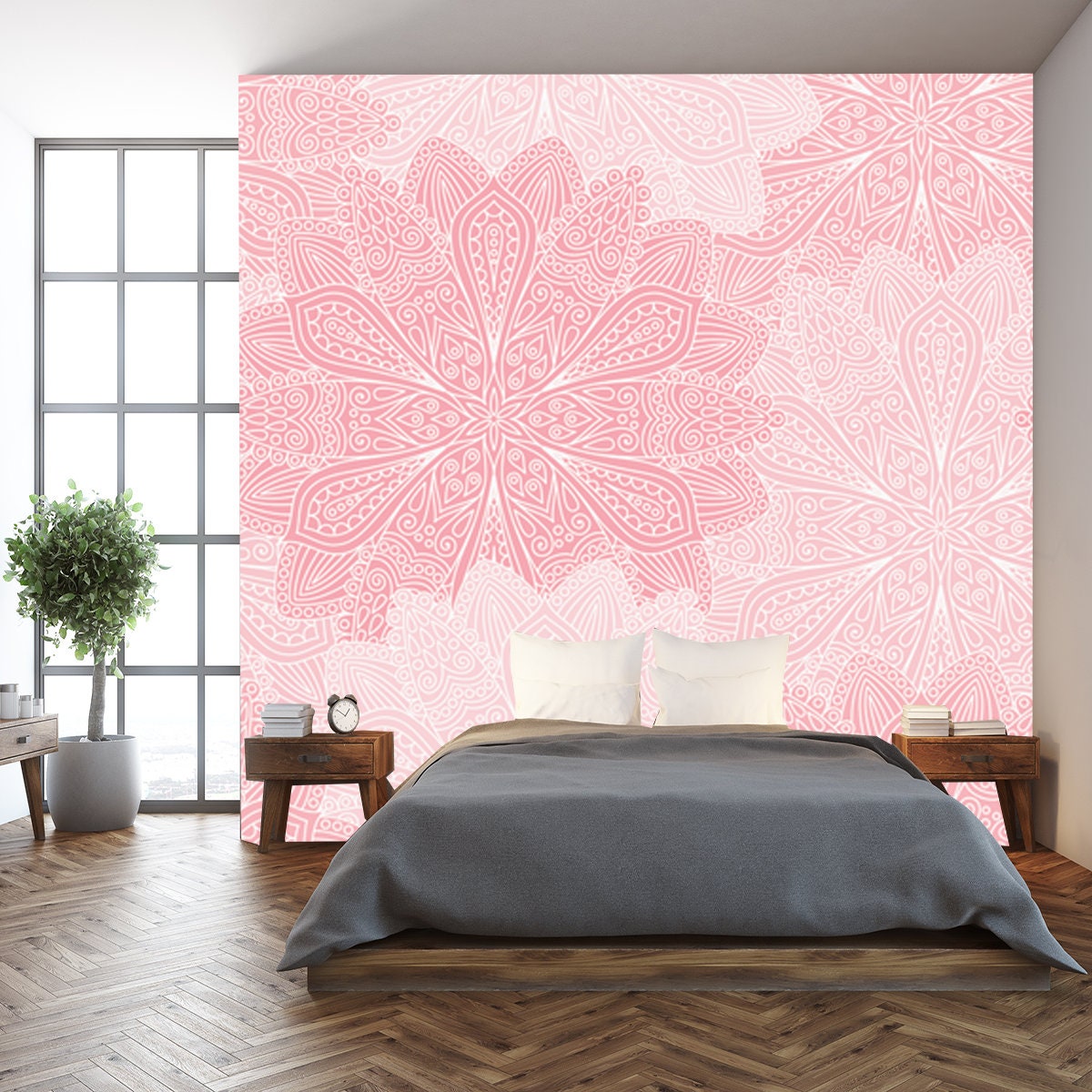 Boho Chic Pink Flower Seamless Pattern. Elegant Floral Background Wallpaper Bedroom Mural