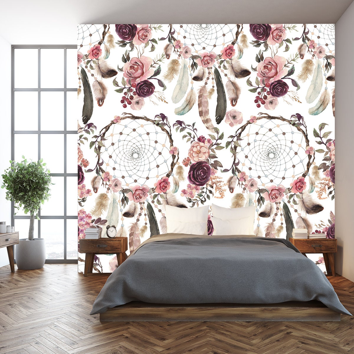 Seamless Watercolor Ethnic Boho Floral Pattern - Dream Catchers and Flowers, Native American Tribe Decoration Wallpaper Bedroom Mural