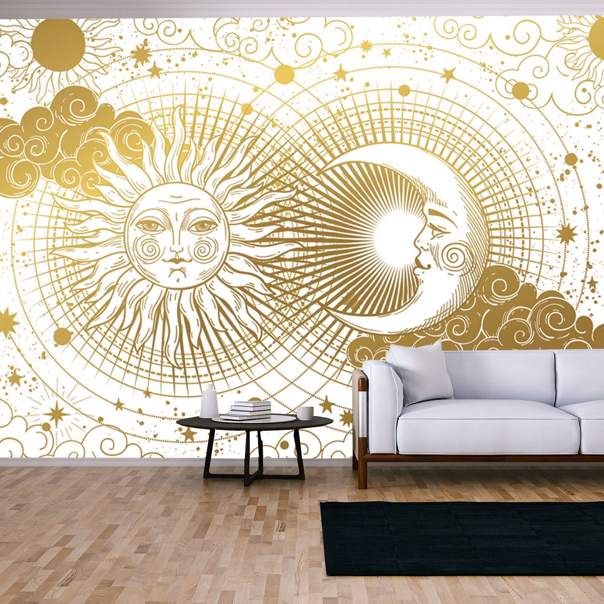 Magic Banner for Astrology, Boho Design. The Universe, Golden Crescent, Sun, and Clouds on a White Background Wallpaper Living Room Mural