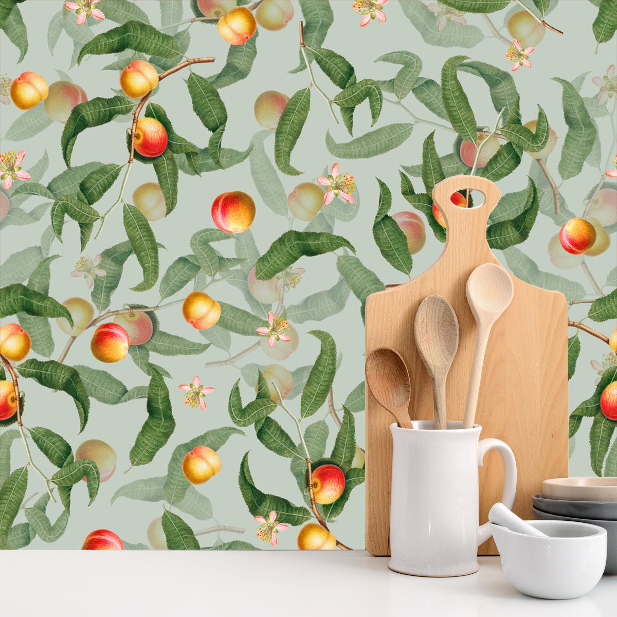 Seamless Pattern with Peach Fruits, Blossom and Green Leaves on Green Background, Vintage Botanical Wallpaper Kitchen Wallpaper Mural