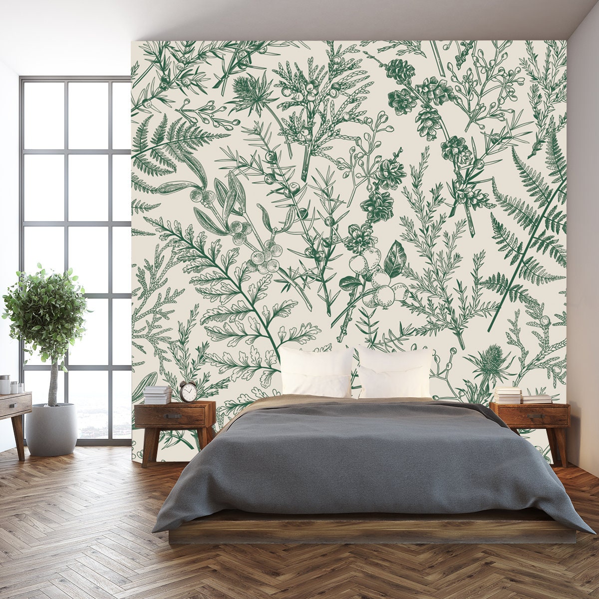 Botanical Seamless Hand-Drawn Pattern with Coniferous Branches, Plants and Berries Wallpaper Bedroom Mural