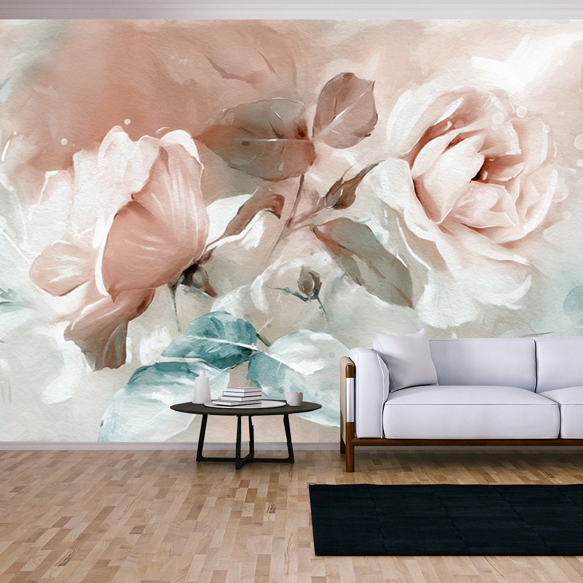 Oil Painting with Flower Rose, Leaves. Botanic Print Background Wallpaper LivingRoom Mural