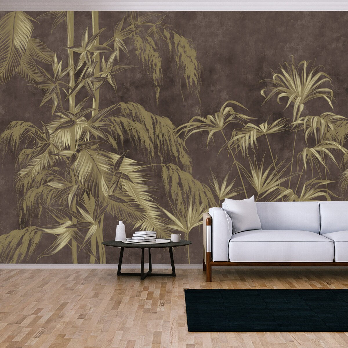 Graphic Exotic Flowers on the Concrete Grunge Wall. Dark Background Wallpaper Living Room Mural