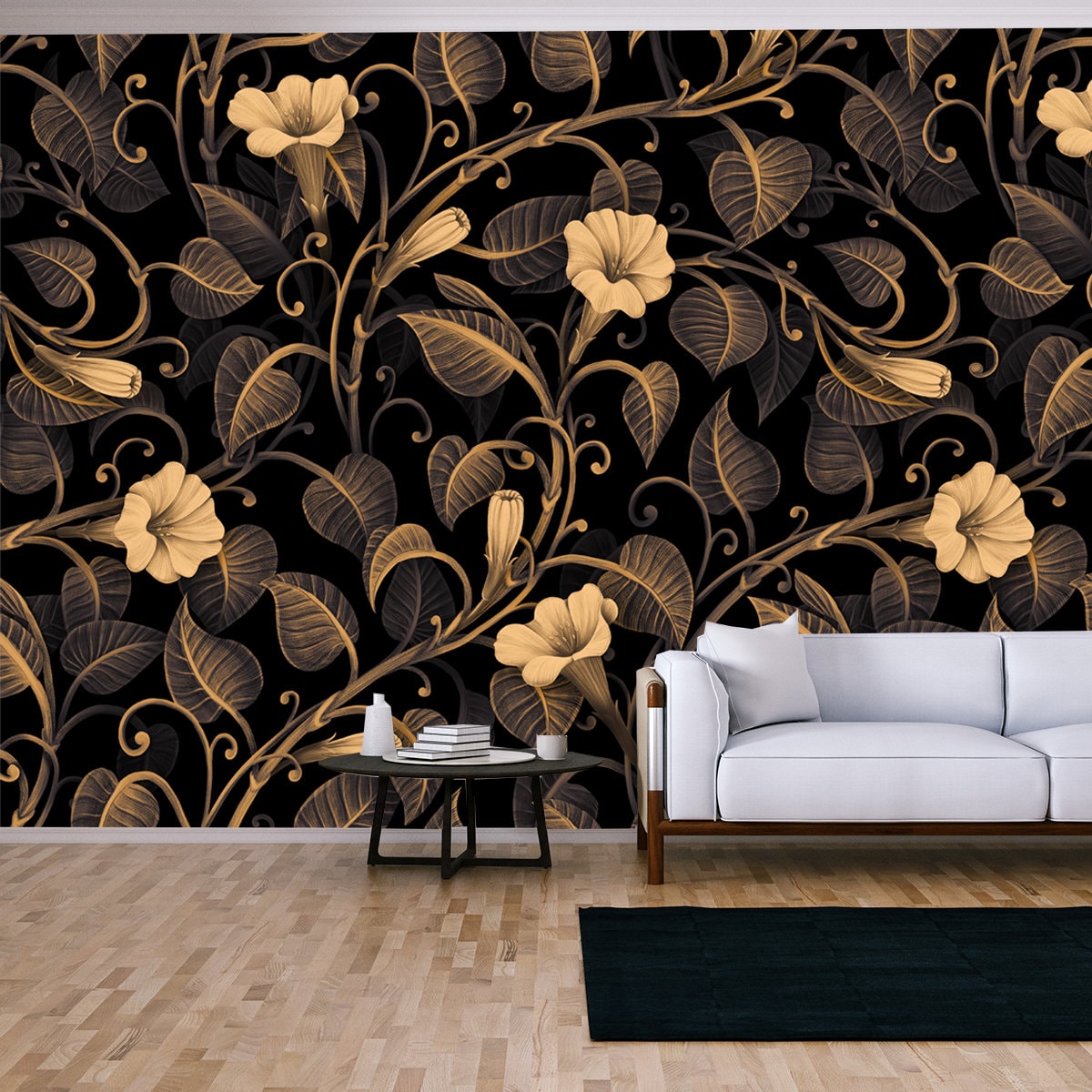 Dark Golden Vintage Ivy Leaves, Beautiful Delicate Flowers Wallpaper Living Room Mural