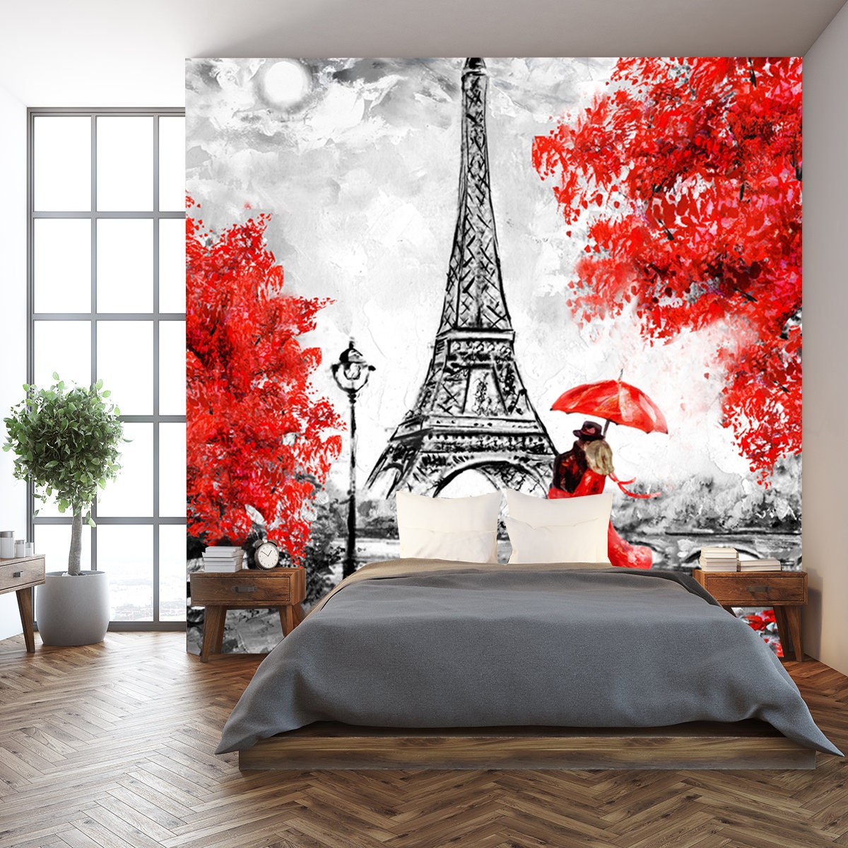 Oil Painting, Paris, European City Landscape, Eiffel Tower, Black, White and Red Wallpaper Bedroom Mural