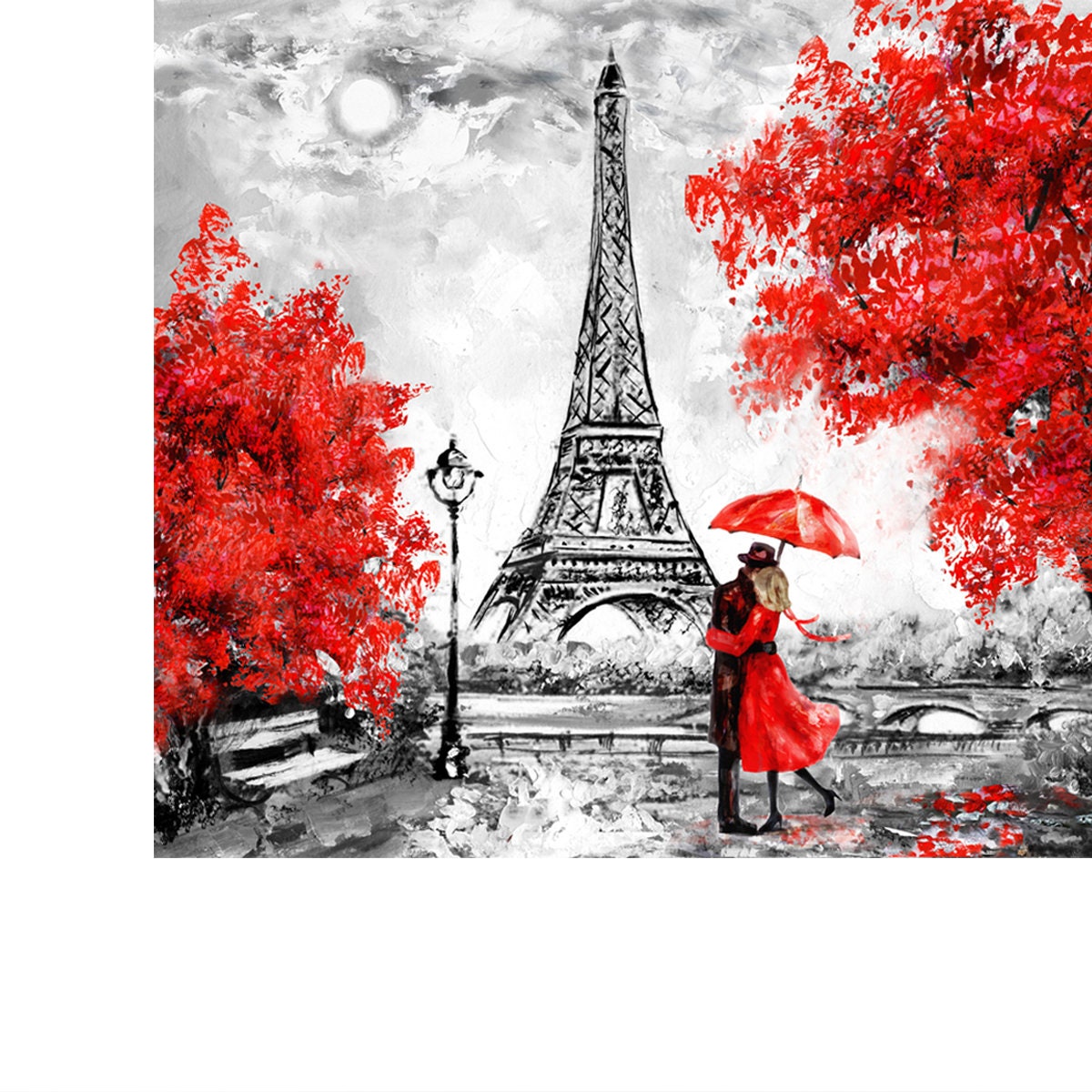 Oil Painting, Paris, European City Landscape, Eiffel Tower, Black, White and Red Wallpaper Bedroom Mural