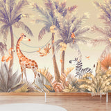 3d Wallpaper Safari Kids Giraffe, Zebra, Palm Trees, Animals, Tropical Wallpaper Nursery Mural