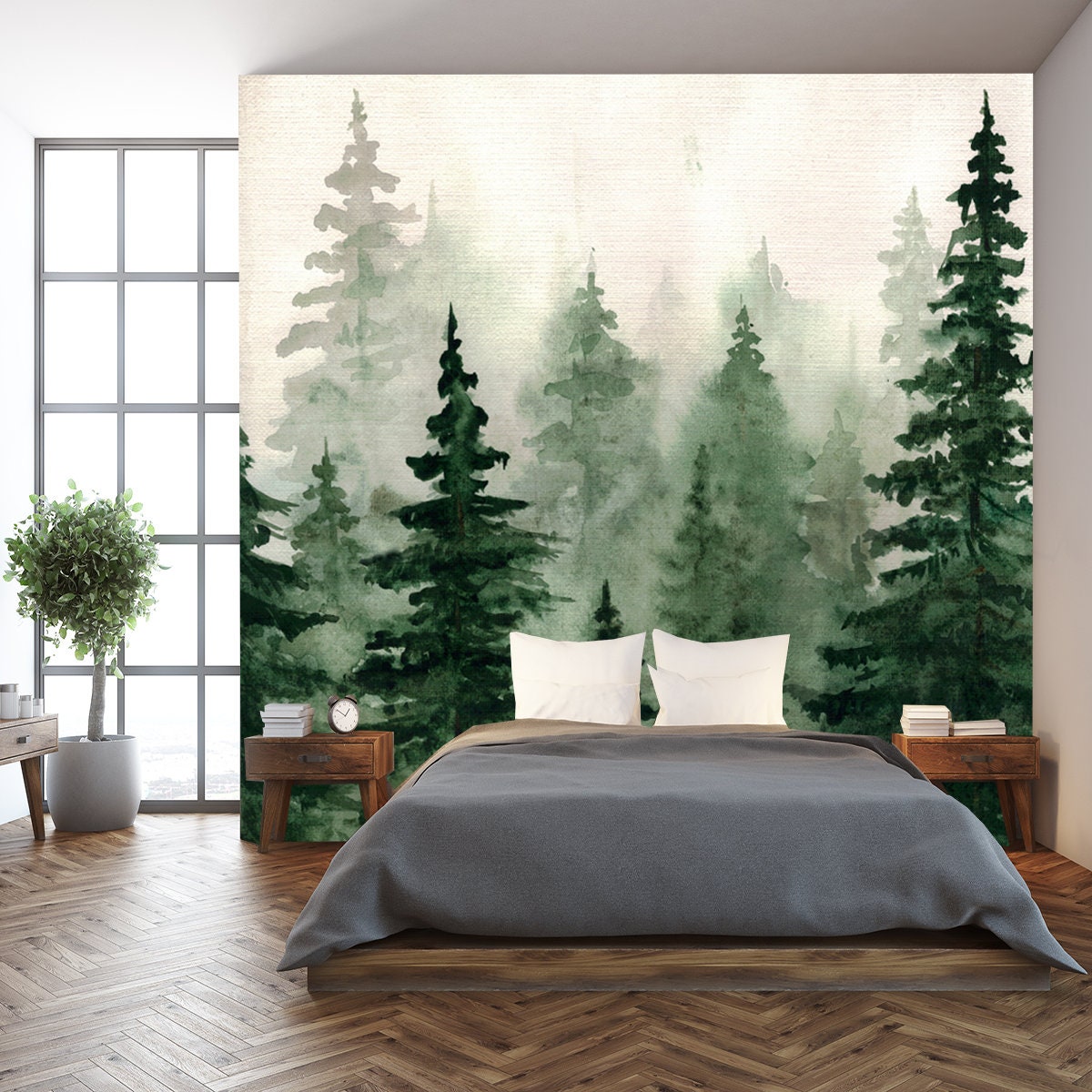 Watercolor Drawing. Spruce Green Forest Wallpaper Bedroom Mural