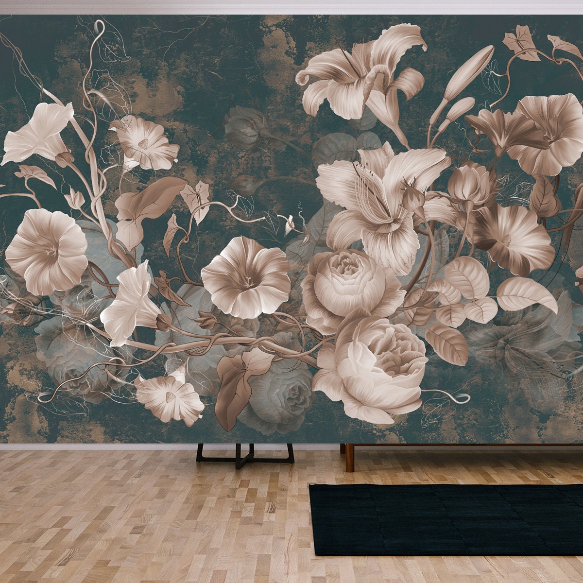 Beautiful Flowers Illustration on Dark Concrete Grunge Wall Wallpaper Living Room Mural
