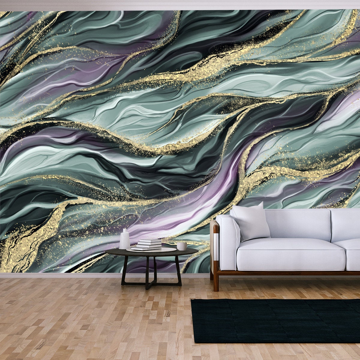 Abstract Seamless Pattern, Alcohol Ink Texture, Watercolor Background. Turquoise, Pink, Purple, Black, Gold Colors Living Room Mural