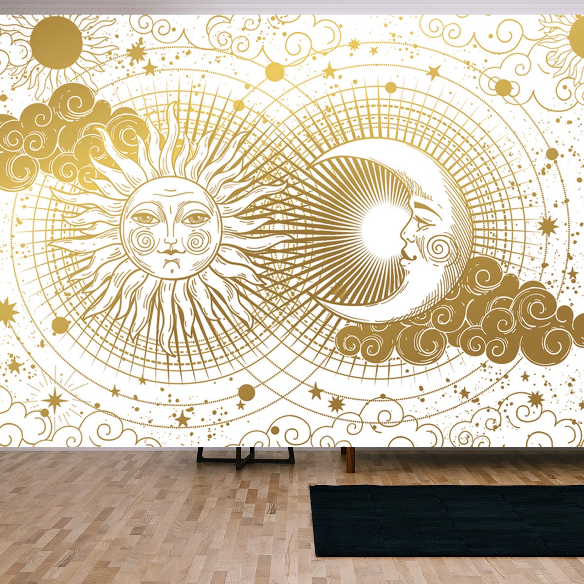 Magic Banner for Astrology, Boho Design. The Universe, Golden Crescent, Sun, and Clouds on a White Background Wallpaper Living Room Mural
