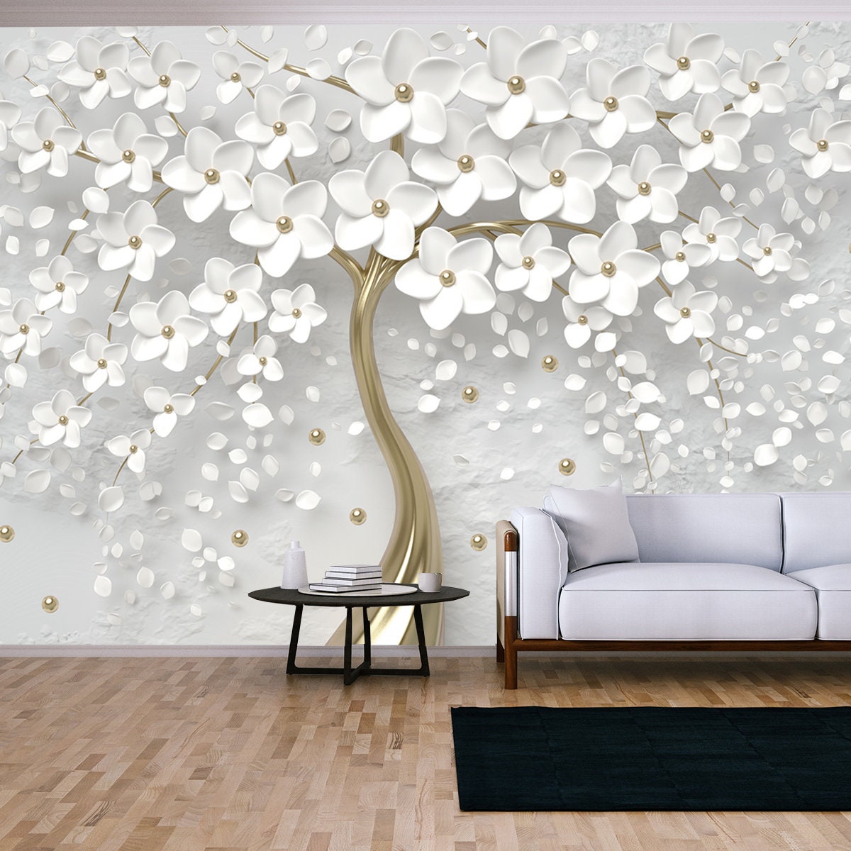 3d Picture Background Tree with White Flowers and Golden Balls Wallpaper Living Room Mural