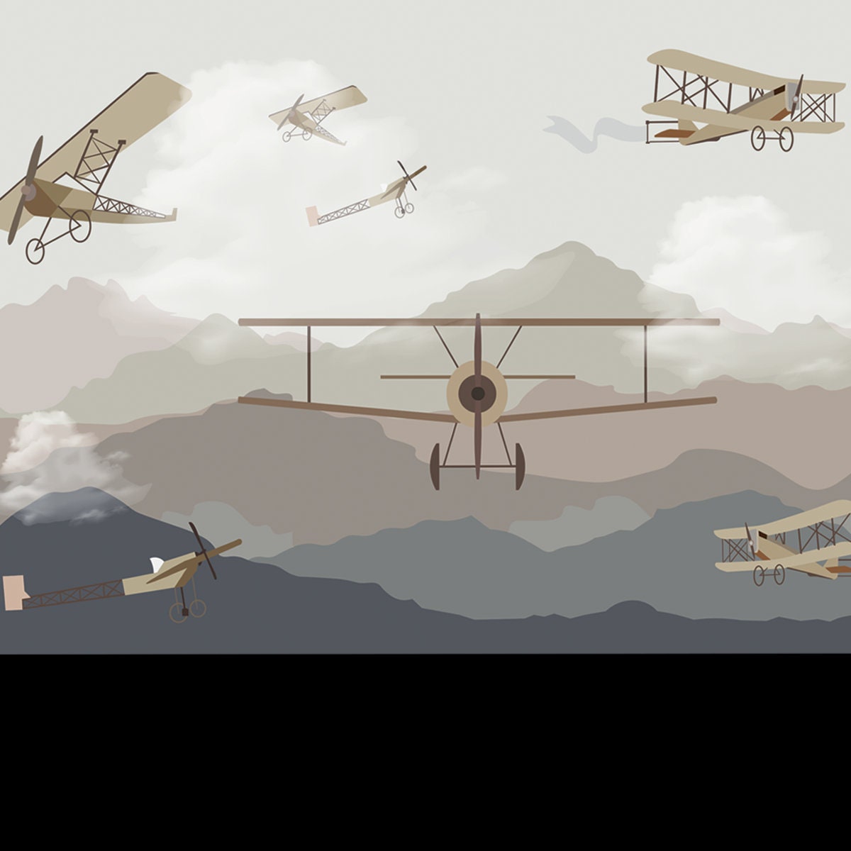 Mountains. Airplane. Air balloon Vector Illustration Wallpaper Little Boys Bedroom Mural