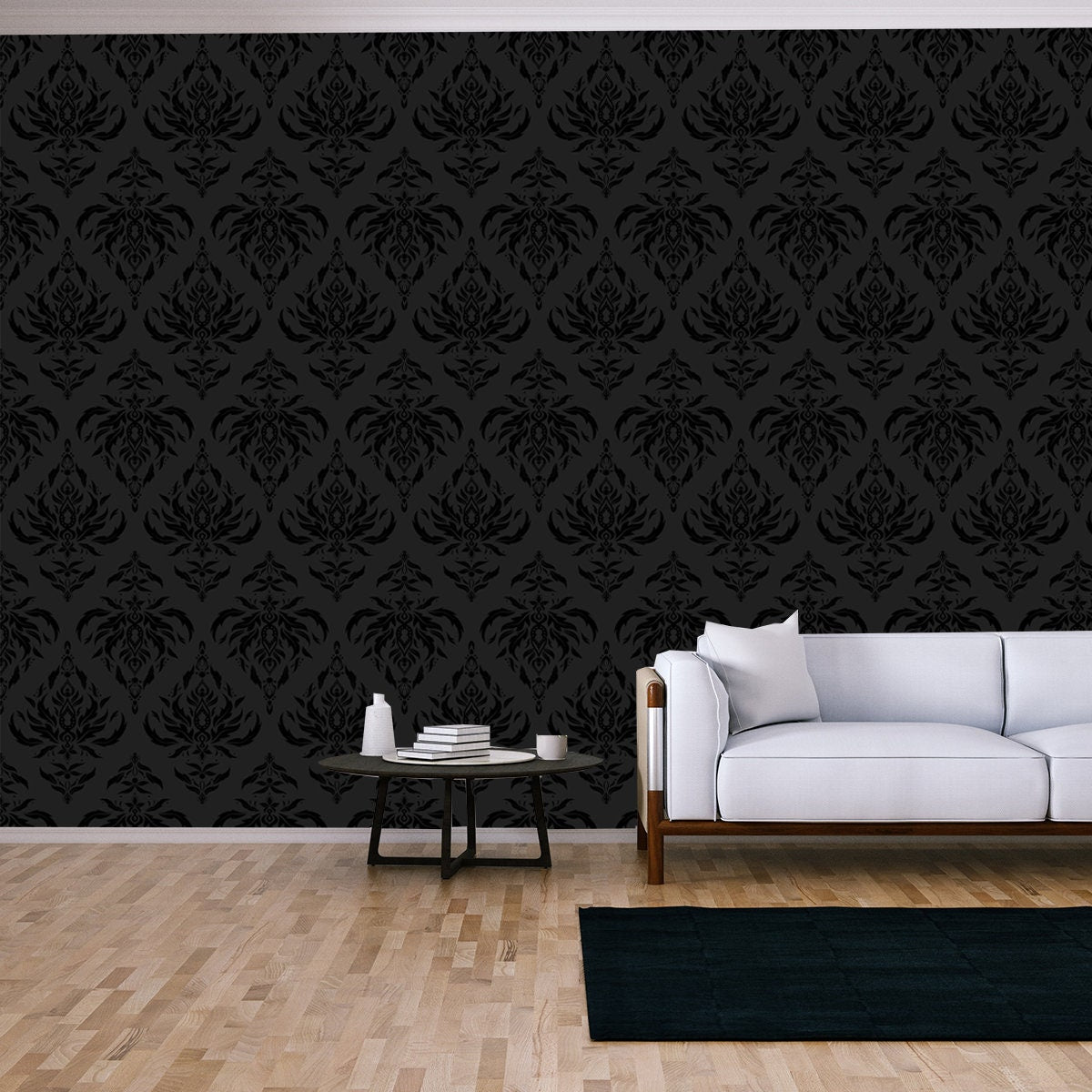 Lace Texture, Raster Tulle Background, Swirly Seamless Pattern in Gray and Black Colors Wallpaper Living Room Mural
