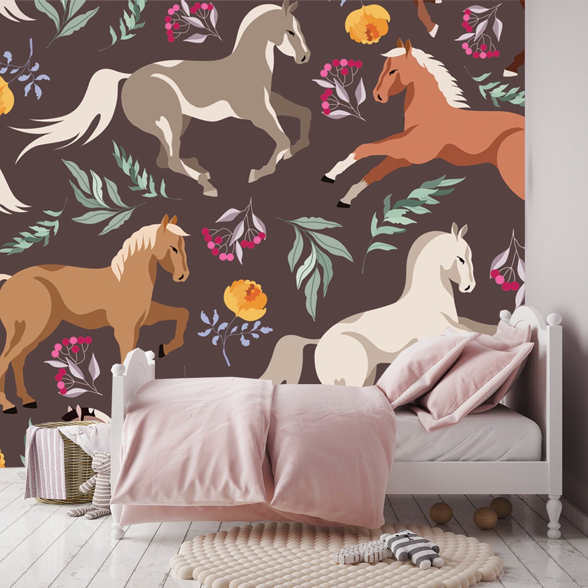 Horses Pattern. Wild Horses and Forest Flowers and Tree Branches. Earthy Brown Horse Pattern Wallpaper Girls Bedroom Mural