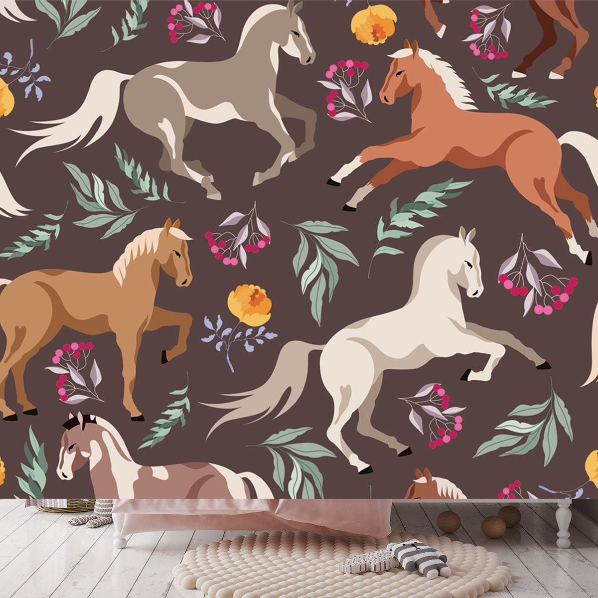 Horses Pattern. Wild Horses and Forest Flowers and Tree Branches. Earthy Brown Horse Pattern Wallpaper Girls Bedroom Mural
