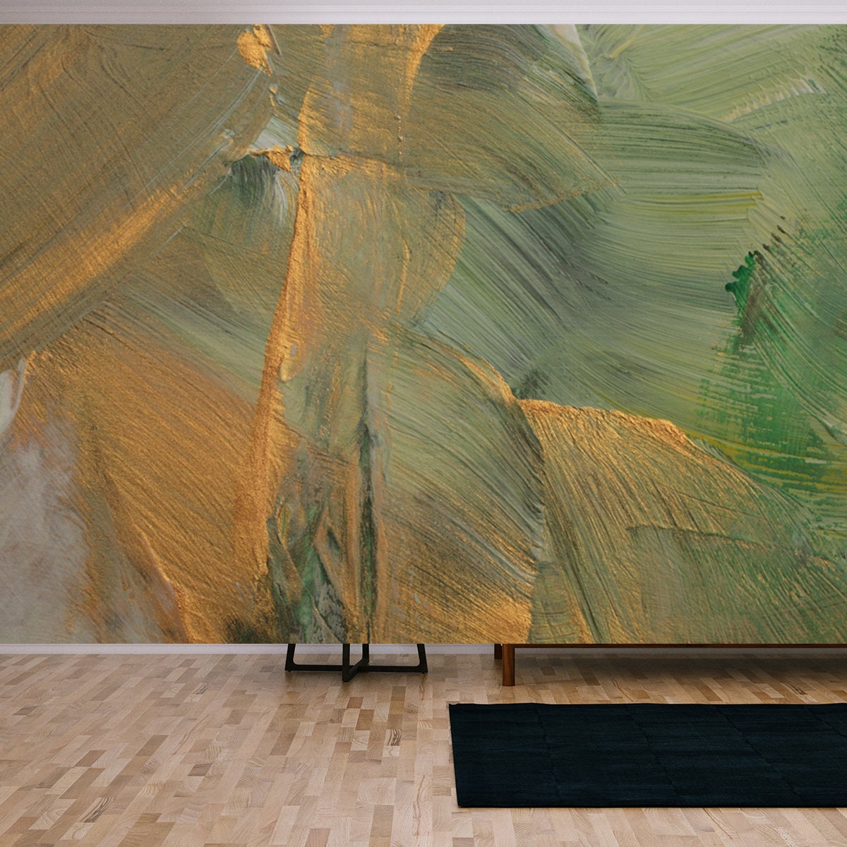 Modern Oil and Acrylic Smear Blot Painting Wall. Abstract Texture Beige, Gold, Green Color Wallpaper Living Room Mural